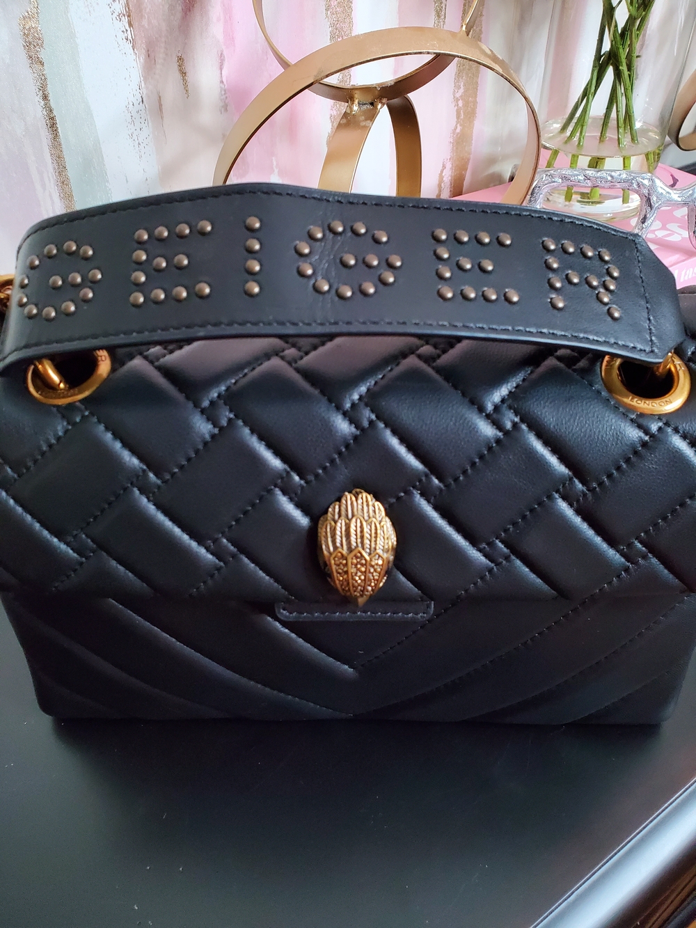 Kurt Geiger Black Quilted Leather Shoulder Bag w/ Brass Hardware - hard to find